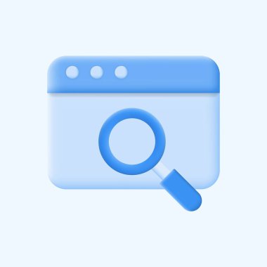 Büyüteç ve web tarayıcı pencereli 3d vektör illüstrasyon arama motoru simgesi. SEO, web arama ve dijital pazarlama içeriği için ideal