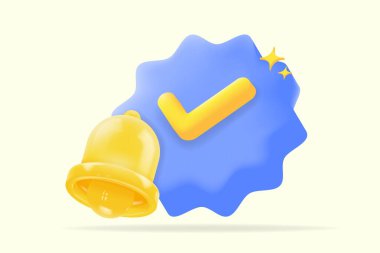 Alarm sistemleri, güncellemeler ve hatırlatıcılar için mükemmel, çan ve kontrol işaretli 3d vektör illüstrasyon bildirim simgesi. Görsel tebligatlar