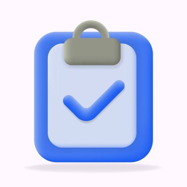 3d vektör illüstrasyonu İşaretli Mavi pano simgesi, görev tamamlama, kontrol listesi veya üretkenlik uygulamalarını temsil etmek için mükemmel