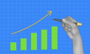 Yeşil çubuk grafiğini yukarı doğru sarı bir okla çizmek, El 'in finansal ve pazarlama analitiğinde strateji, planlama ve başarı gösterdiğini gösterir.