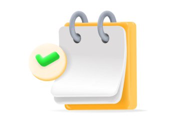 Çember yeşil onay simgesine sahip 3d Takvim, tamamlanmış görevleri, teslim tarihlerini veya olayları sembolize eder. Üretkenlik, zamanlama uygulamaları, yapılacaklar listesi ve görev yönetimi, vektör illüstrasyonu