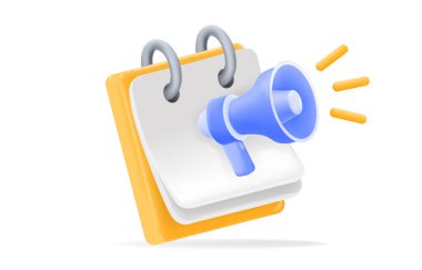 3D sarı takvimli megafonlu, etkinlikleri tanıtmak için mükemmel, duyuru yapmak ve hatırlatmak için. Etkinlik planlama, yönetim ve tebliğdeki bağlılığı artırmak için kullanılabilir. vektör