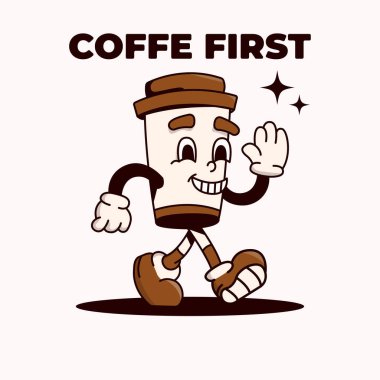 Eğlenceli maskot kahve fincanı çizgi film karakteri neşeli bir gülümsemeyle yürüyor, kahve dükkanı markalaşması, pazarlama, promosyonlar için mükemmel.