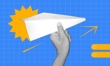 Yarım tonluk kolaj, mavi arka planda elle kağıt uçak fırlatma. Yenilik, yaratıcılık, umut, gelecek ve ileri görüşlü fikirler kavramı