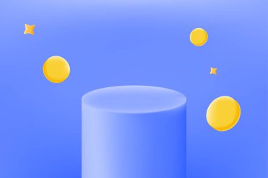 Mavi kaide, yüzen altın sikke ve yıldızlarla. Ürün gösterisi, minimalist tasarım kavramları