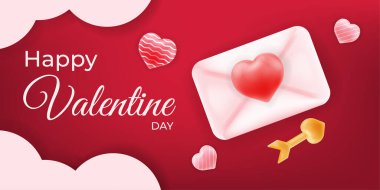 Sevgililer Günü şablonunda bir kalp zarfı, Aşk Tanrısı 'nın oku ve romantik unsurlar var. Tebrik kartları, sosyal mesajlar ve şenlikli terfiler.