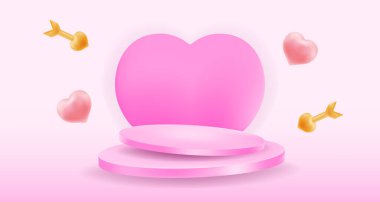 Romantik 3D pembe kalp podyumu sunumu. Yüzen altın okları ve yumuşak kalpli sevgililer günü, kaide.