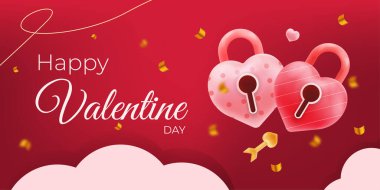 Sevgililer Günü tasarım şablonu, asma kilit şeklinde kilitler, altın konfeti ve kırmızı arka planda romantik titreşimler. Selamlar, aşk kartı, tasarım aşk unsuru