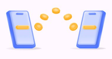 İki akıllı telefon ve yüzen paralarla cep telefonu transferi. Fintech, dijital ödemeler ve mobil bankacılık içeriği. 3d vektör çizimi