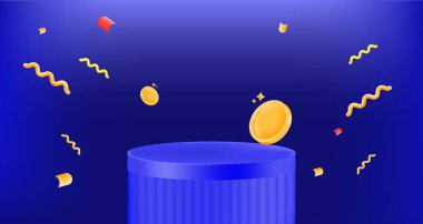 Mavi kaide podyumu, bozuk paralar ve koyu mavi arka planda yüzen canlı konfeti. Terfiler, ödüller, hediyeler ve şenlikli dijital tasarımlar.