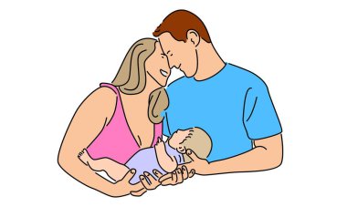 Aile kavramının çizgi sanatı rengi. Baba, anne ve oğul birlikte.