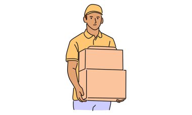 Karton kutulu teslimatçının çizgi çizgisi sanat rengi