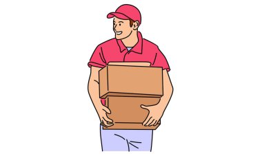 Karton kutulu teslimatçının çizgi çizgisi sanat rengi