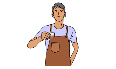 Kafe vektör illüstrasyonunda çalışan baristanın çizgi sanat rengi