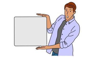 boş bir reklam panosu illüstrasyonunu elinde tutan iş adamının çizgi sanat rengi