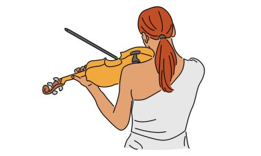 Keman vektörü illüstrasyonu oynayan kadının çizgi sanatı rengi