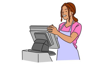 Süpermarket vektör illüstrasyonunda kadın kasiyerin çizgi sanat rengi