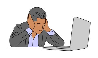 Aşırı çalışan iş adamının çizgi sanatı rengi baş ağrısı yüzünden stres altında.