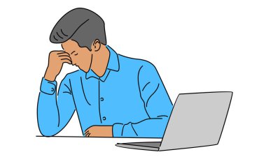 Aşırı çalışan iş adamının çizgi sanatı rengi baş ağrısı yüzünden stres altında.