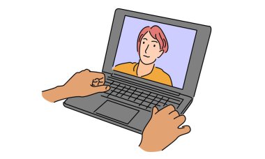 Bilgisayarın çizgi sanat rengi ve insanlar video çağrısı yapıyor