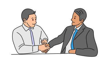 Takım elbiseli iş adamı ofis vektörü illüstrasyonunda el sıkışıyor.