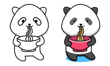 Çocuklar için erişte boyama sayfası yiyen sevimli panda.