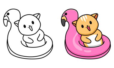 Flamingo yüzen sevimli kedi çocuklar için lastik boyama sayfası