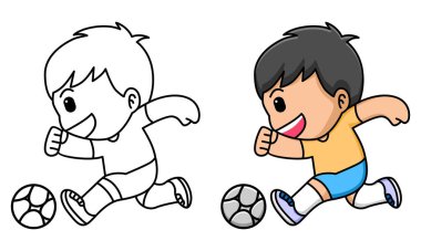 Çocuklar için futbol boyama sayfası oynayan sevimli çocuk.