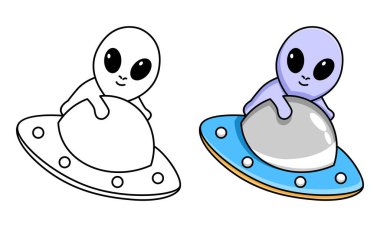 Çocuklar için UFO boyama sayfası olan sevimli bir uzaylı.