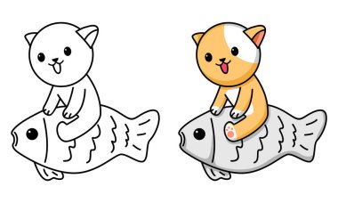 Çocuklar için balık boyama sayfası olan şirin bir kedi.