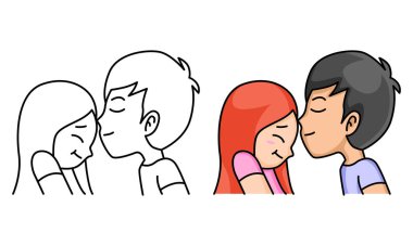 Tatlı çocuk kız arkadaşını öpüyor çocuklar için boyama sayfası