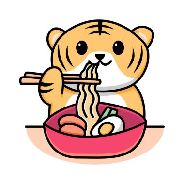 Erişte yiyen şirin kaplan çizgi film tasarımı.