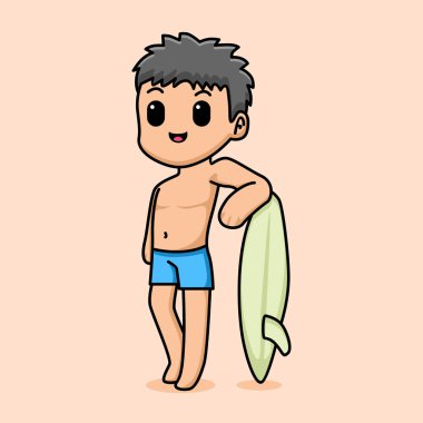 Sörf tahtası çizimi olan sevimli çocuk.