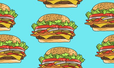 Hamburger koleksiyonunda kusursuz desen. Dekoratif illüstrasyon, basım için iyidir. El çizimi duvar kağıdı vektörü