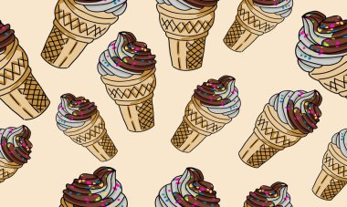 Dondurma koleksiyonu ile kusursuz desen. Dekoratif illüstrasyon, basım için iyidir. El çizimi duvar kağıdı vektörü