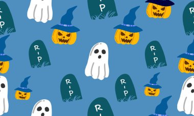 Cadılar Bayramı kusursuz desenli illüstrasyon. Vektör kabak tasarımı. Cadılar Bayramı partisi posteri için tasarım malzemeleri. Düz çizgi film çizimi.