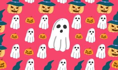 Cadılar Bayramı kusursuz desenli illüstrasyon. Vektör kabak tasarımı. Cadılar Bayramı partisi posteri için tasarım malzemeleri. Düz çizgi film çizimi.