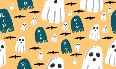 Cadılar Bayramı kusursuz desenli illüstrasyon. Vektör kabak tasarımı. Cadılar Bayramı partisi posteri için tasarım malzemeleri. Düz çizgi film çizimi.