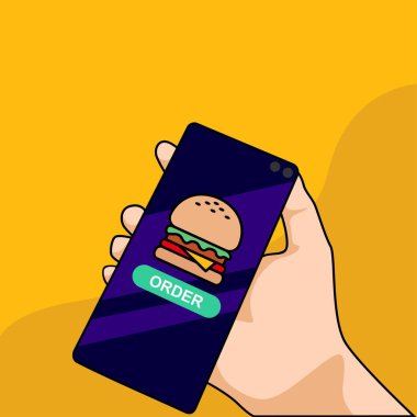 Düz biçimli vektör mobil yiyecek sipariş kavramı - ekrandaki sipariş ve satın alma düğmesi ile insan eli cep telefonu