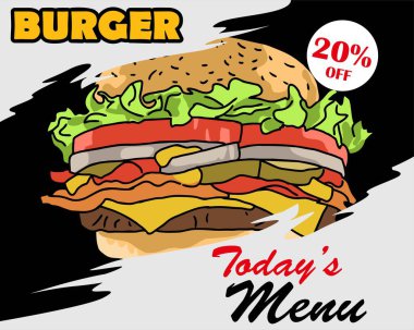 Burger tasarım illüstrasyonu. Poster, ilan, afiş, reklam ve pazarlama ürünleri için kullan