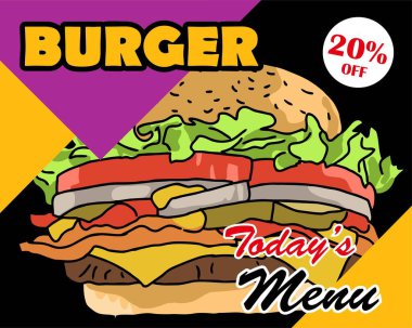 Burger tasarım illüstrasyonu. Poster, ilan, afiş, reklam ve pazarlama ürünleri için kullan
