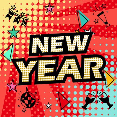 Mutlu yeni yıl vektör tasarımı pop sanat arkaplanı