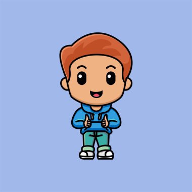 İki elinde çizgi film çizimi olan sevimli bir çocuk baş parmak işareti yapıyor.