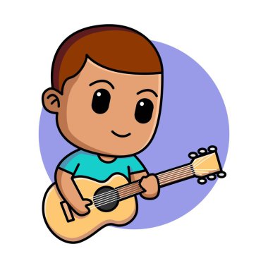 Akustik gitar karikatürü çizen sevimli çocuk.