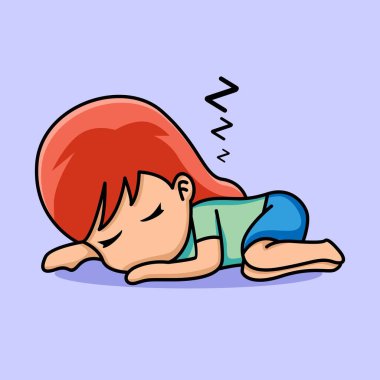 Sevimli kız fazla mesai konseptinden dolayı yorgun ve yorgun hissederek uyuyakalıyor. çizgi film illüstrasyonu