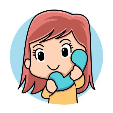 Elinde telefon çizgi filmi illüstrasyonu tutan tatlı bir kız.