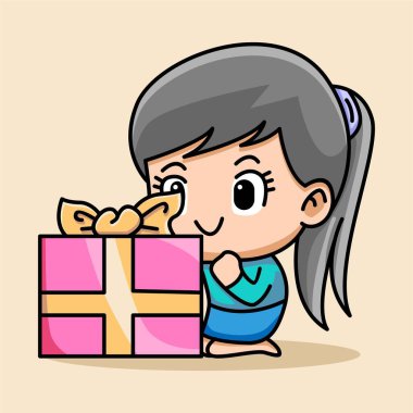 Hediye kutusu çizimi olan tatlı bir kız.
