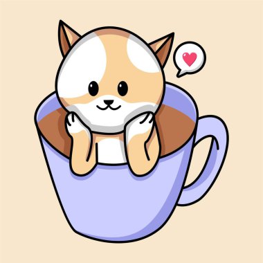 Kahve fincanı çizimindeki sevimli kedi.