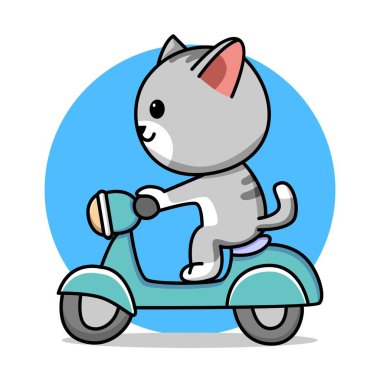 Motosiklet çizgi filmi çizimi olan sevimli bir kedi.