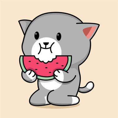 Karpuz yiyen sevimli kedi çizimi